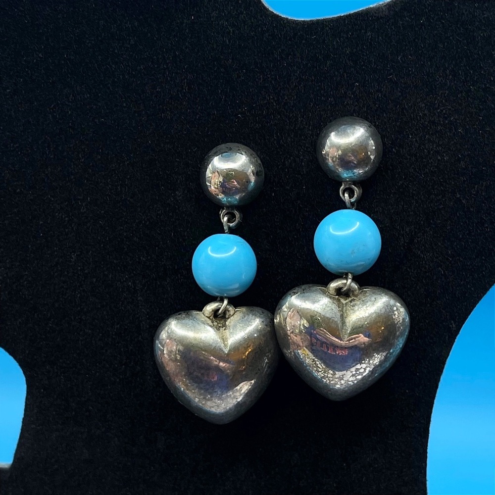 Vintage Puffy Heart Dangle Earrings Silver Blue Turquoise Tone Western Romantic